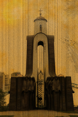 Memorial in honor of the Belarusian soldiers killed in the war in Afghanistan in Central Minsk, Republic of Belarus. Vintage photoのeditorial素材