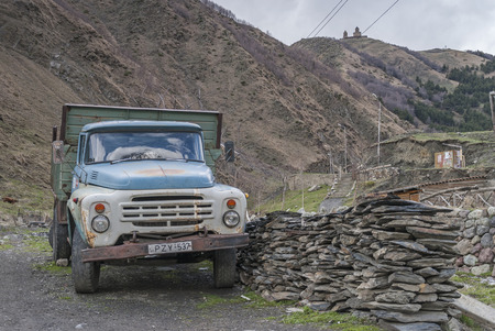 Stepantsminda, Georgia - may 4, 2015: Soviet truck ZIL 130 in the villageのeditorial素材