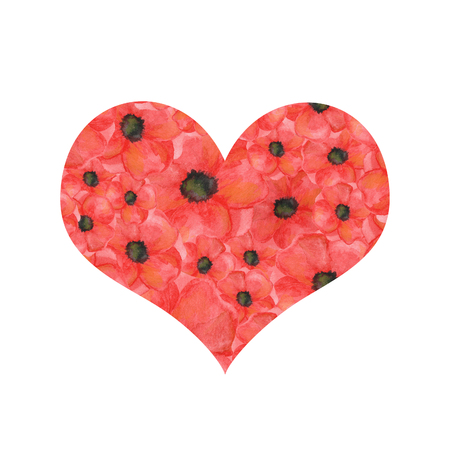 heart shape of poppies on a white background. hand drawn watercolor botanical. for cards, for printingの写真素材