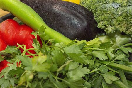 vegetables for background texture. Paprika, salad, zucchini, basil, eggplant, broccoliの写真素材