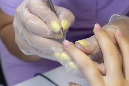 drawing a transparent basis for varnish gel. shellac. manicurist makes manicure in the salonの写真素材