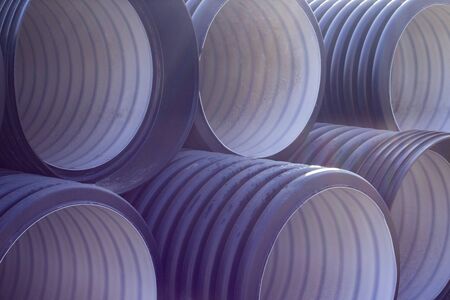 pipe texture background. New black and white plastic pipes for sewerage system. sewage and water supplyの写真素材