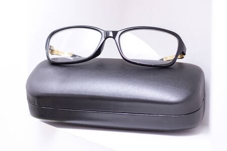 Glasses, Optical glass store, A number of glasses at opticians. Store points. Stand with glasses in...