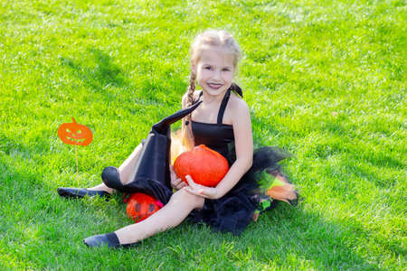 girl in a witch costume for the Halloween holiday. Placard with the inscription: Halloween. Girl sitting on the grass with pumkinの写真素材