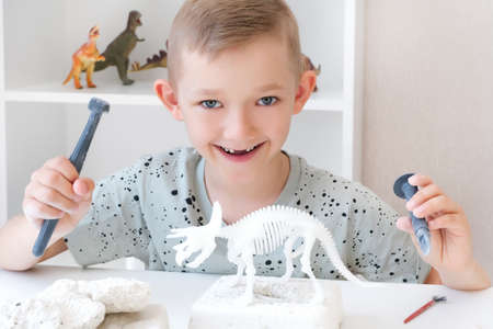 boy is engaged in the excavation of dinosaurs. Educational game with children. A child digs up the bones of a dinosaur with a hammer and chisels. development of perseverance and fine motor skills. Happy boyの写真素材