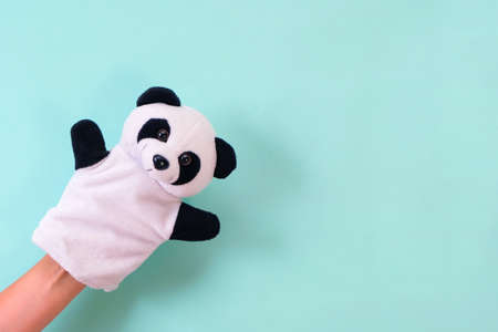 Puppet theater toys on a hand on a turquoise background. Childrens entertainment concept. pandaの写真素材