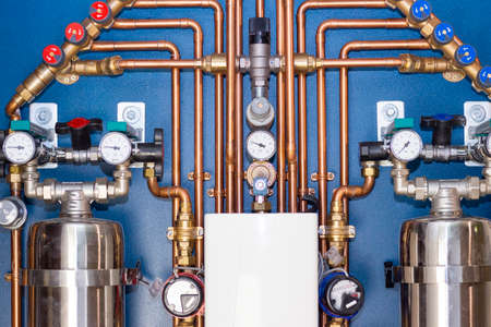 Plumbing unit for entering water supply in the house. Copper piping, deep filter, anti-leakage system, meters, pressure reducerの写真素材