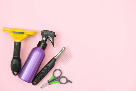 pet care and grooming tools on a pink background. pet care and hygiene concept. Copy space, place for your text. mock upの写真素材