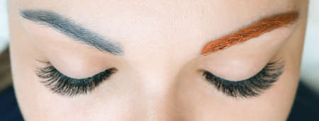 overlapping of unsuccessful permanent makeup on the eyebrows. Applying a warm tone to a cool blue color. Beautician makes permanent eyebrow makeup on the face of a beautiful young woman.の写真素材