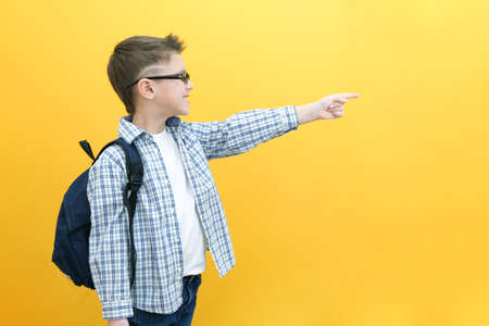 Smiling little boy pointing at copy space in casual clothes with books for studying at school isolated over yellow backgroundの写真素材