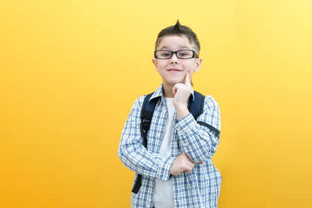eureka, handsome little boy in glasses is surprised, inspired, i have an idea, raise your index finger up, copy space, isolated on yellow background. school boyの写真素材