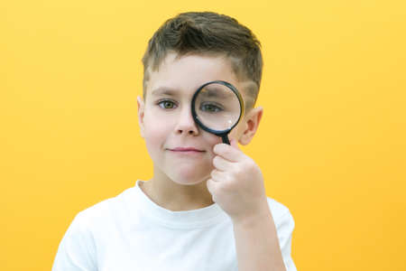 Positive curious schoolboy in casual clothes looks at the camera through a magnifying glass, on a yellow background. surpriseの写真素材