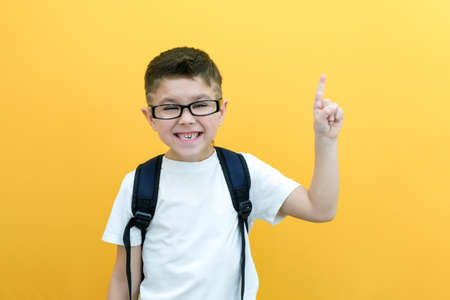 eureka, handsome little boy in glasses is surprised, inspired, i have an idea, raise your index finger up, copy space, isolated on yellow background. school boyの写真素材