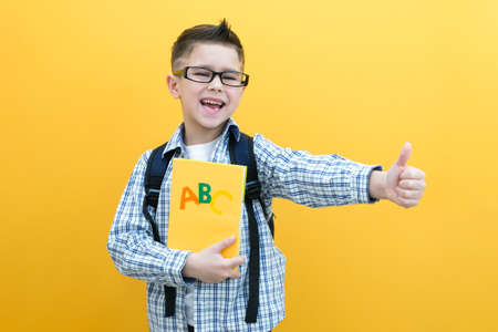Child boy, on a yellow wall background. great idea. Happy smiling schoolboy goes back to school....