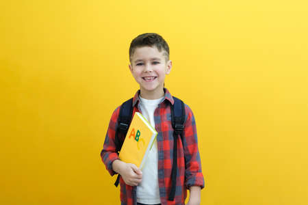 Child boy in glasses isolated on yellow paper wall. great idea. Happy smiling schoolboy goes back to school. Success, motivation, winner, genius concept.の写真素材