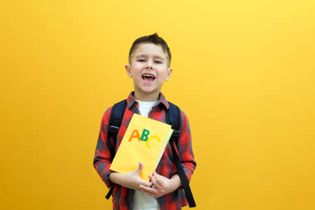 Child boy in glasses isolated on yellow paper wall. great idea. Happy smiling schoolboy goes back to school. Success, motivation, winner, genius concept.の写真素材