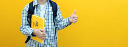 Child boy on yellow paper wall. great idea. schoolboy goes back to school. Success, motivation, winner, genius concept.の写真素材