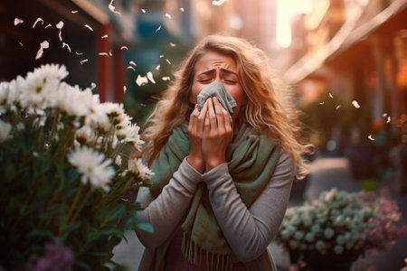 A woman sneezes with a handkerchief in her hands. Allergy to flowersの素材