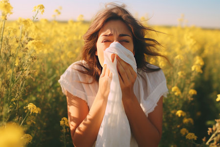 A woman sneezes with a handkerchief in her hands. Allergy to flowersの素材