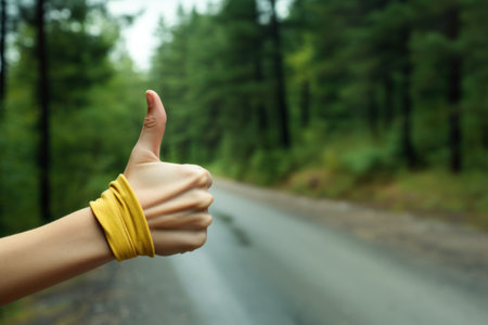 female hand with thumb up, hitchhiking on the background of the road and forestの素材