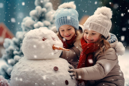 happy children girls making a snowmanの素材