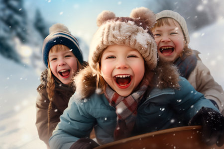 children happy girls sledding down the slide in winterの素材