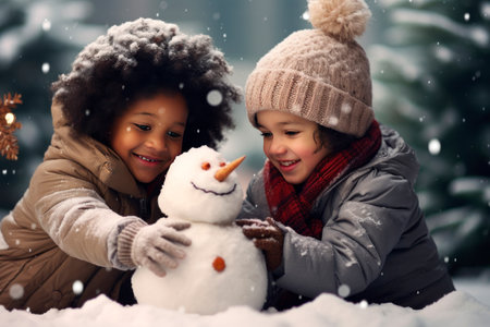 Black children happy girl and boy making a snowmanの素材