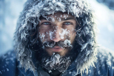 Happy face of a man in ice and snow. Frozen smiling man. Man in the northの素材