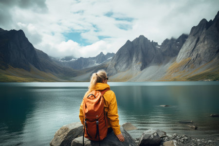 Young tourist woman with a large backpack looks at the lake and mountainsの素材