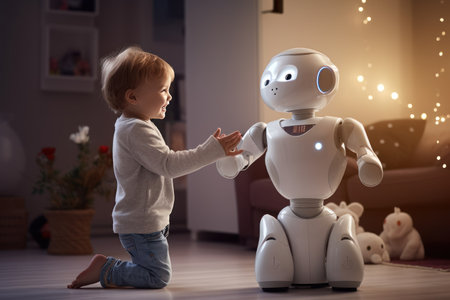 A little smiling boy plays with a real robot. Fun. Robot friend for a childの素材