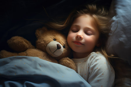girl sleeps sweetly in bed with a toy bear in his arms under the blanketの素材