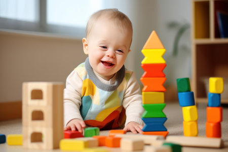 child with down syndrome plays with educational toys and smilesの素材