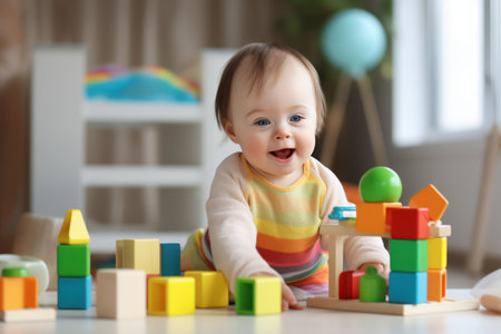 child with down syndrome plays with educational toys and smilesの素材