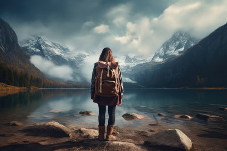 Young tourist woman with a large backpack looks at the lake and mountainsの素材