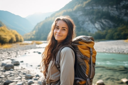 A young tourist with a large backpack looks at the camera against the background of a river and mountainsの素材