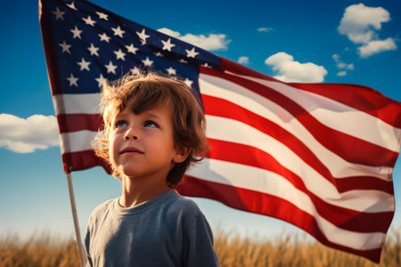 Little smiling boy holding a usa flag against the sky in a field, American independence dayの素材