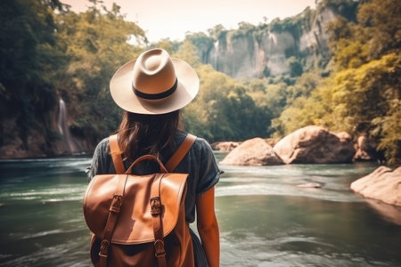 Young tourist woman with a large backpack looks at the lake and mountainsの素材