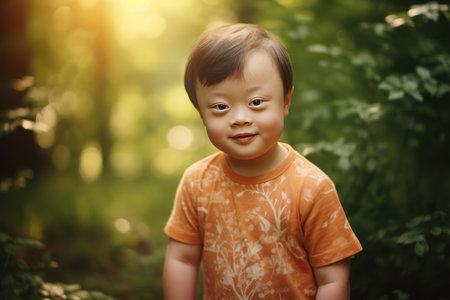 a child Asian with down syndrome walks in the park and smiles at the cameraの素材