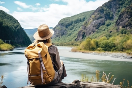 Young tourist woman with a large backpack looks at the lake and mountainsの素材