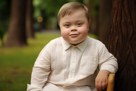 a child with down syndrome walks in the park and smiles at the cameraの素材
