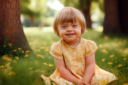 a child with down syndrome walks in the park and smiles at the cameraの素材