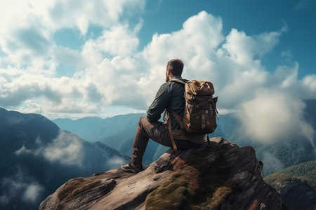 Young male tourist with a large backpack in the mountains and looking at the mountainsの素材