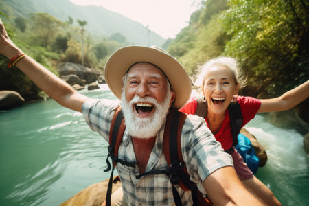 happy elderly couple man and woman hugging with outstretched arms with large backpacks traveling in retirementの素材