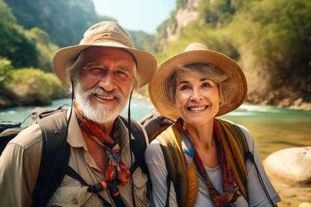 happy elderly couple man and woman hugging with large backpacks traveling in retirementの素材