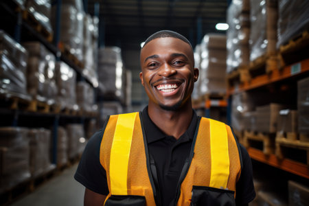a darkskinned male warehouse worker in a vest stands against the background of a warehouse with boxesの素材