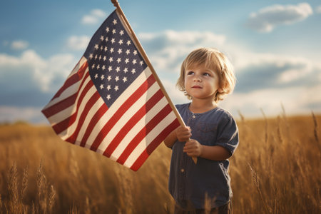 Little smiling boy holding a usa flag against the sky in a fieldの素材
