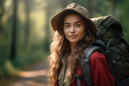 Young tourist woman with a large backpack looks at the camera and smiles against the background of the forestの素材