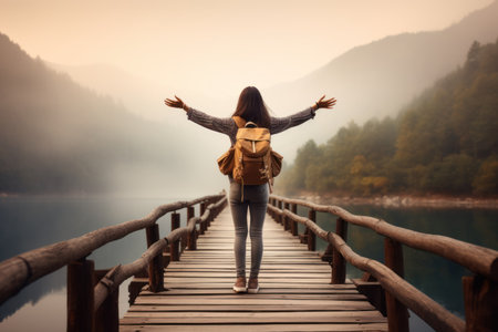 A young tourist with a large backpack looks at a foggy lake with outstretched armsの素材