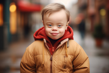 a child with Down syndrome walks through the streets of the city and smiles at the cameraの素材