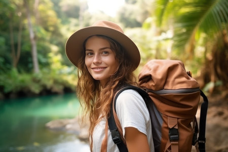 Young female tourist with a large backpack looks at the camera and smiles at tropical nature and riverの素材